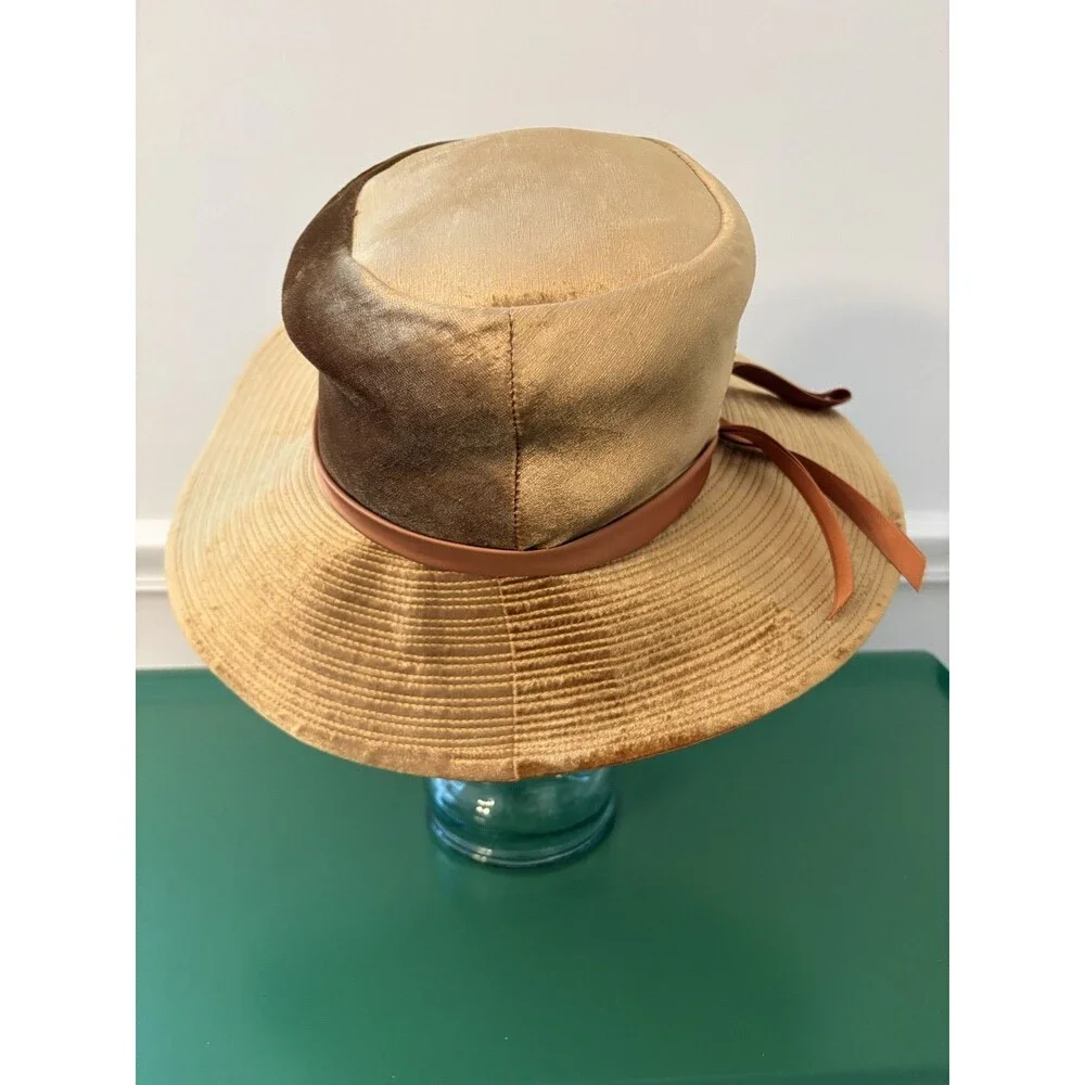 Vtg Mr Kim Original Sun Hat Wide Brim Satin Ribbon Bow Gold Bronze 1950s 60s
